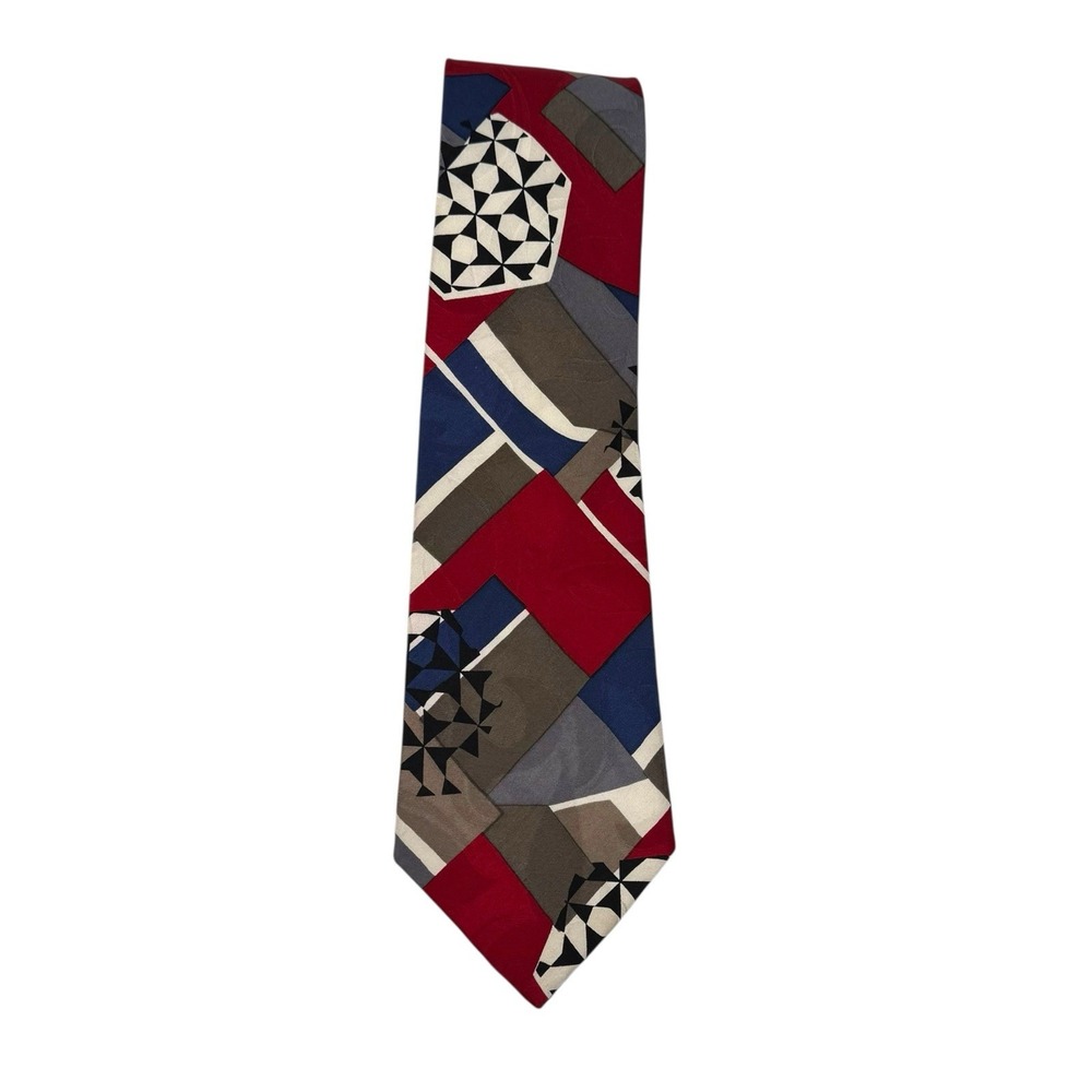 Chez Roffe' Designer Tie Men's Necktie Red Black, White, Geometric Silk B14Q